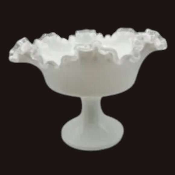 Vintage Fenton Silvercrest Double Ruffled Pedestal Milk Glass Bowl Granny Core - Picture 3 of 6